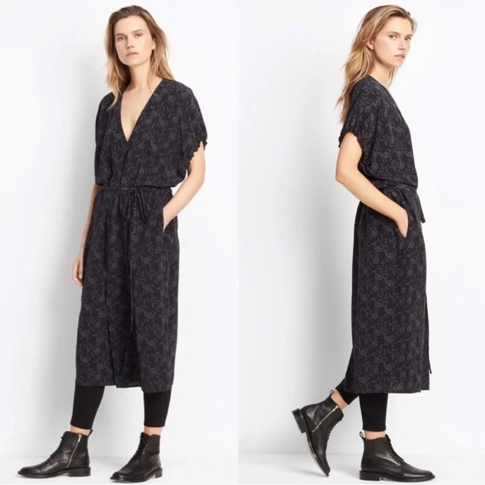 Vince Floral Print Blue Silk Kimono Wrap Dress